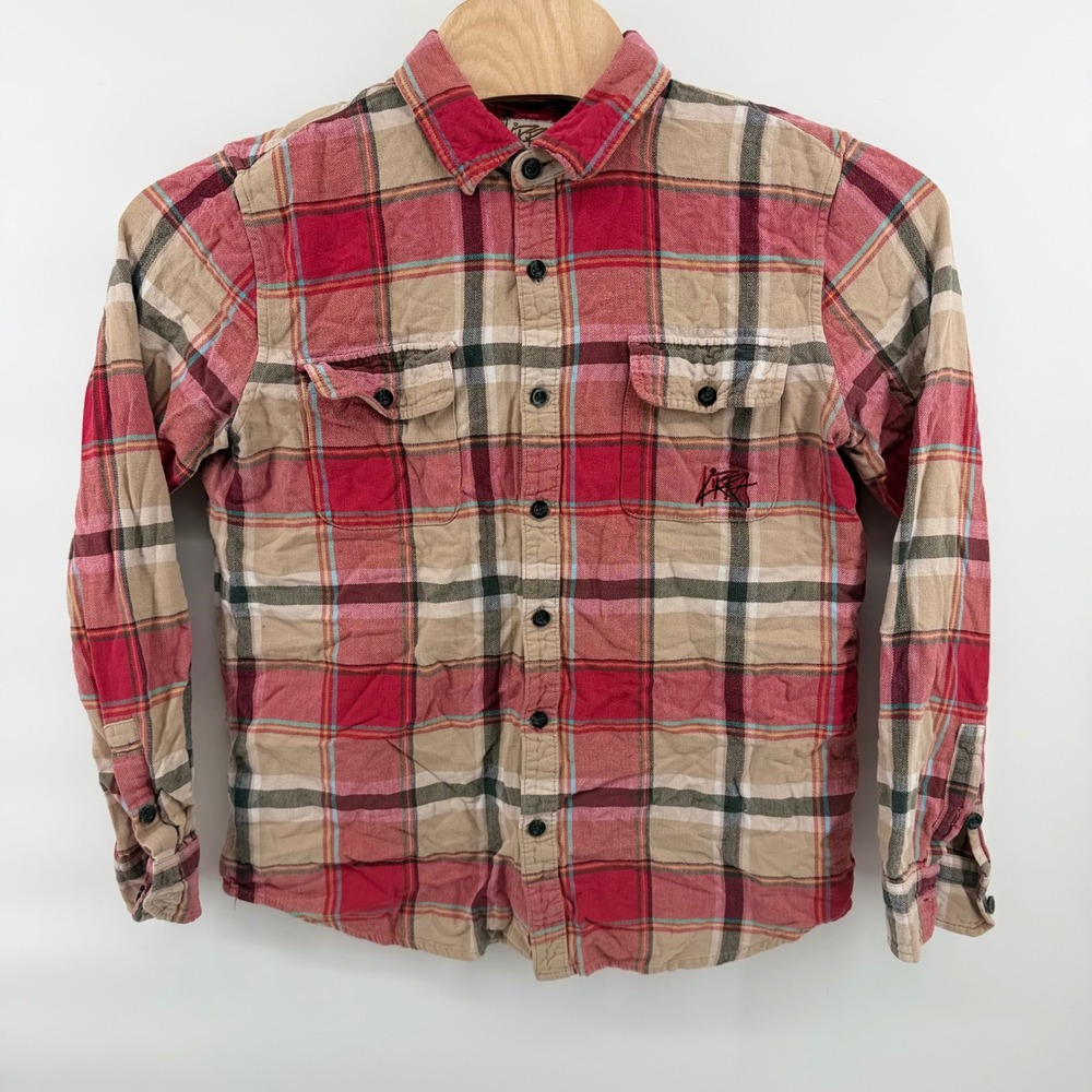 Lira Flannel Button Down Shirt Mens XL Red Tan Plaid Long Sleeve Pocket
